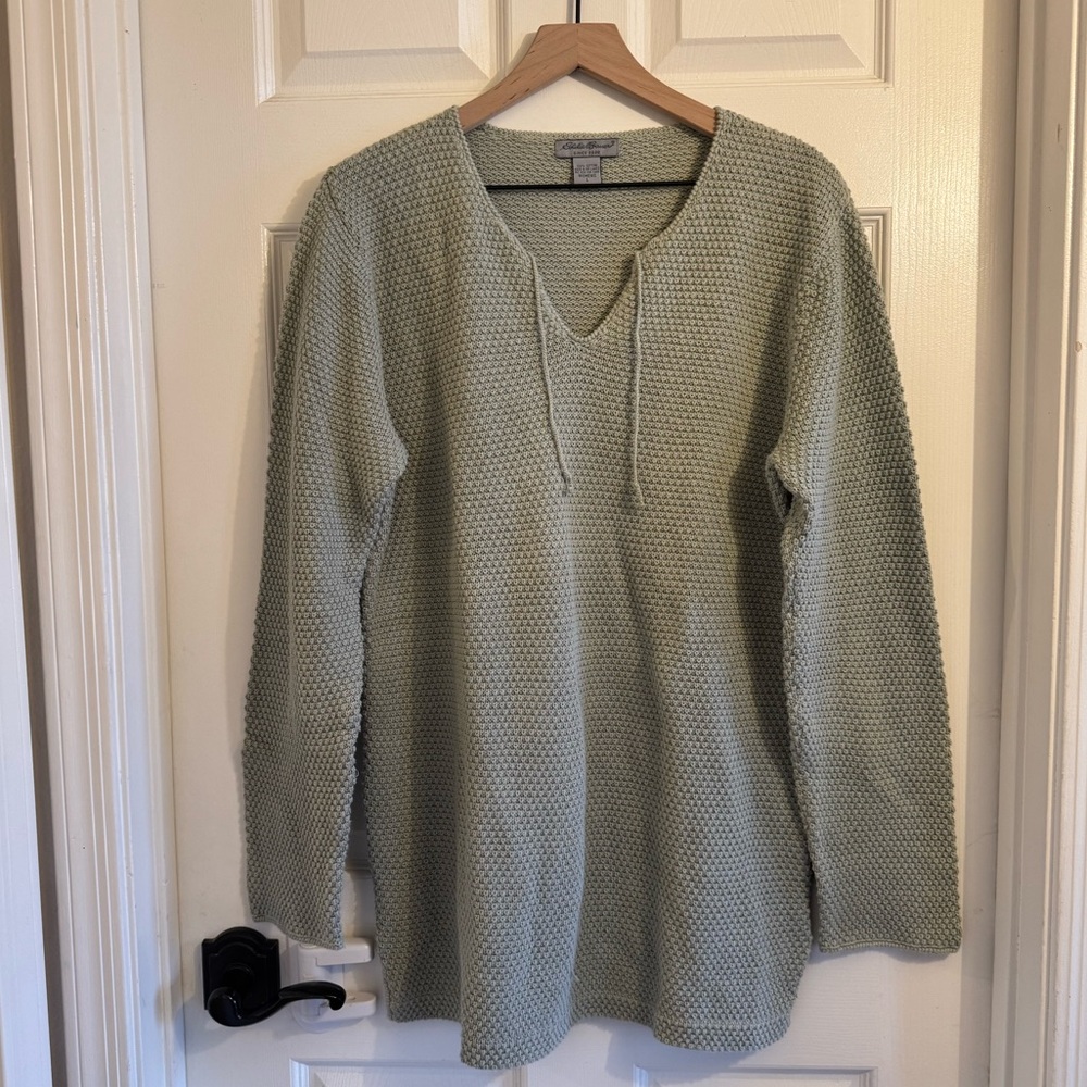 Women’s Eddie Bower Cotton Knit Light Green Tunic Cover Up Size  Large Tie Front